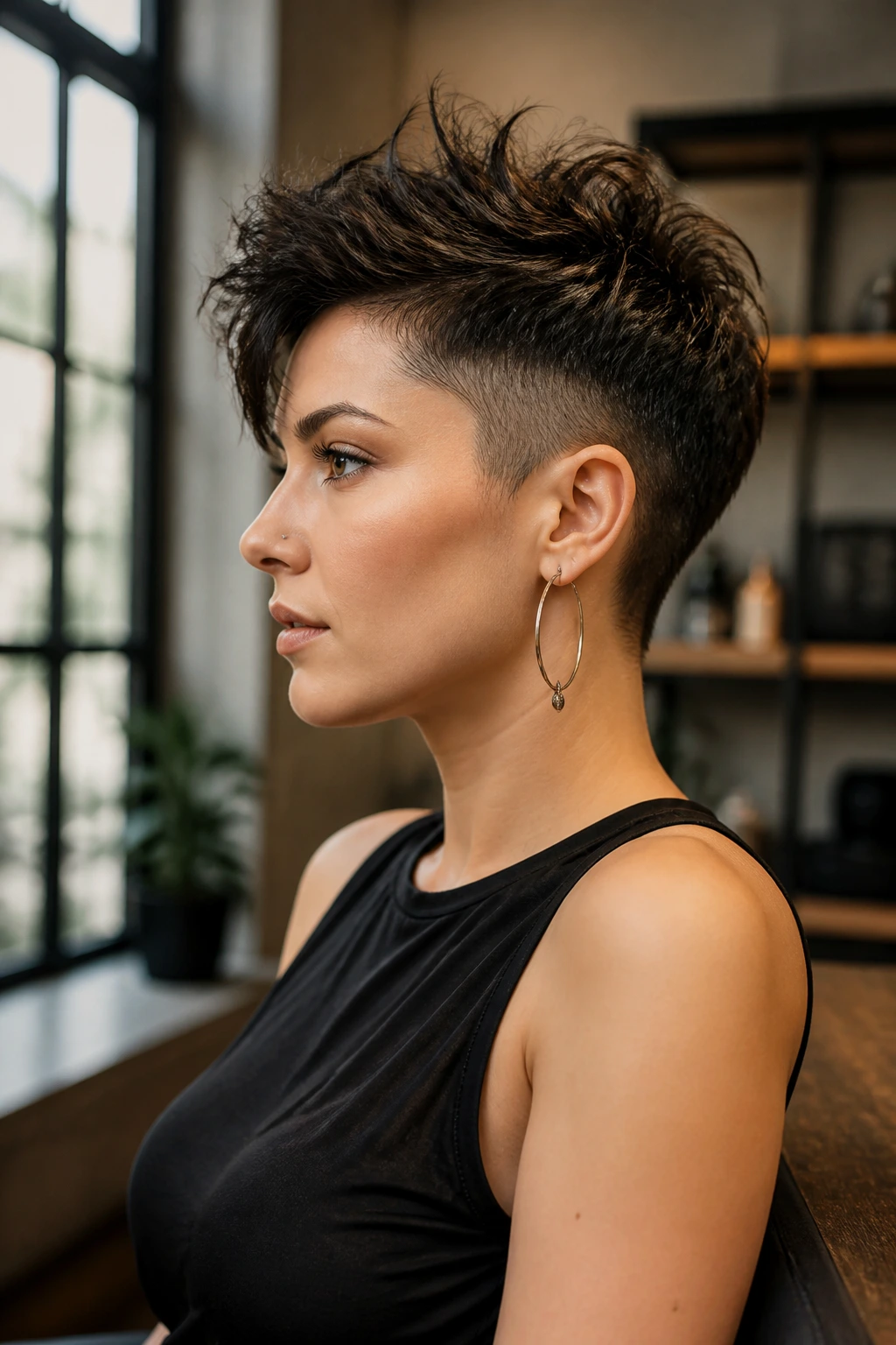 Portrait of a woman with bold pixie undercut and textured top