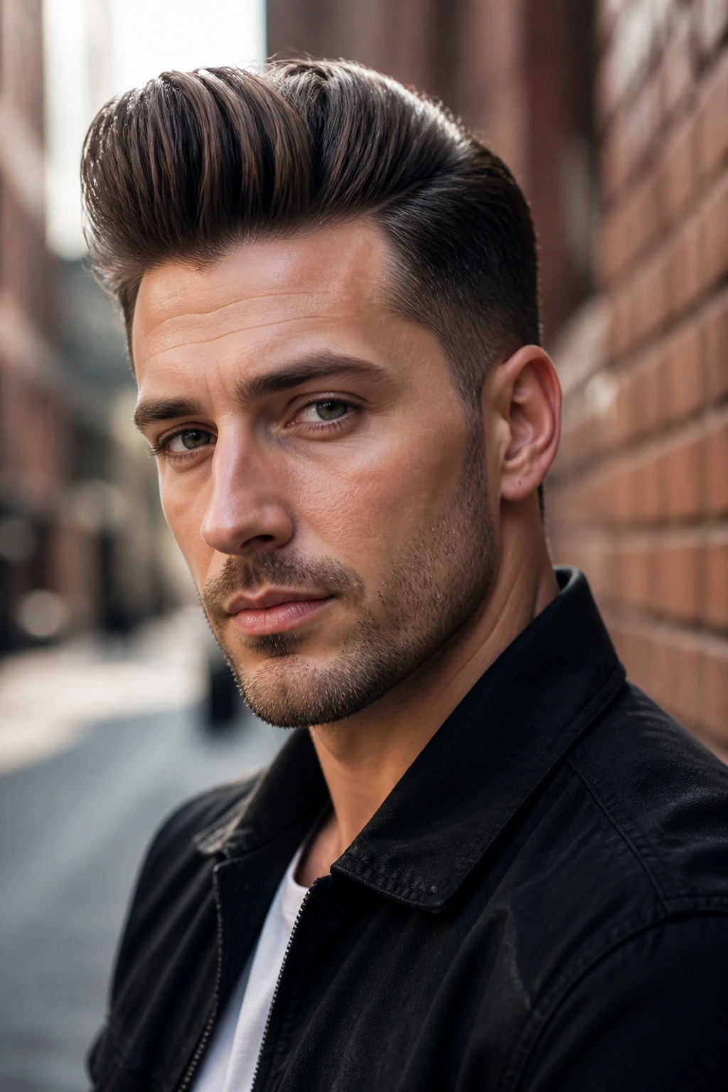 Bold pompadour on man with brick wall background