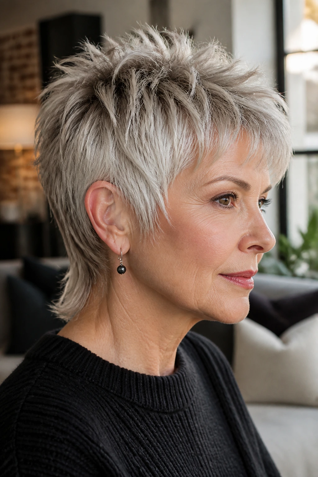 Close-up of a woman with bold razor pixie mullet, emphasizing texture and tapered nape
