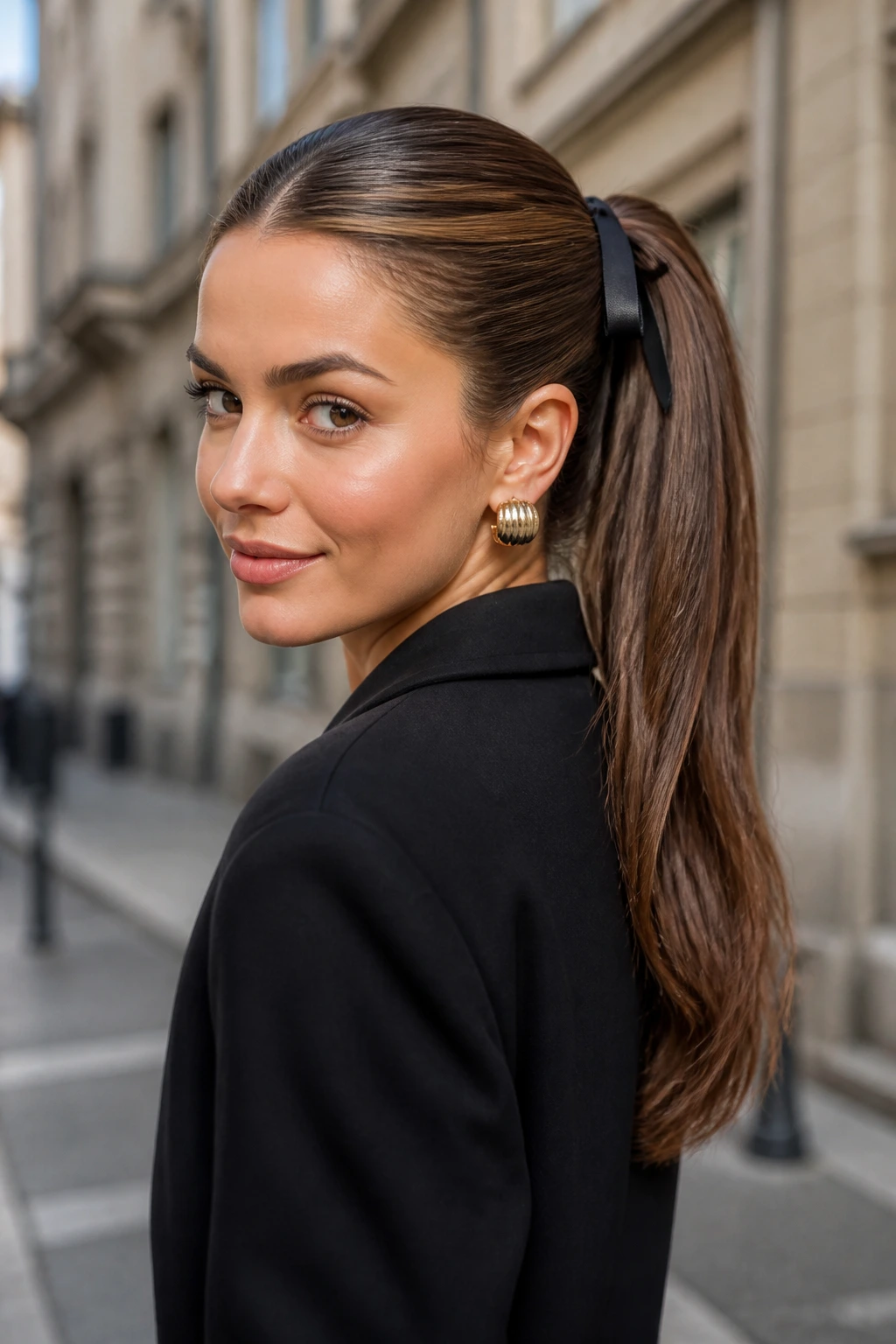 Real woman with bold ribbon in ponytail against urban blurred background