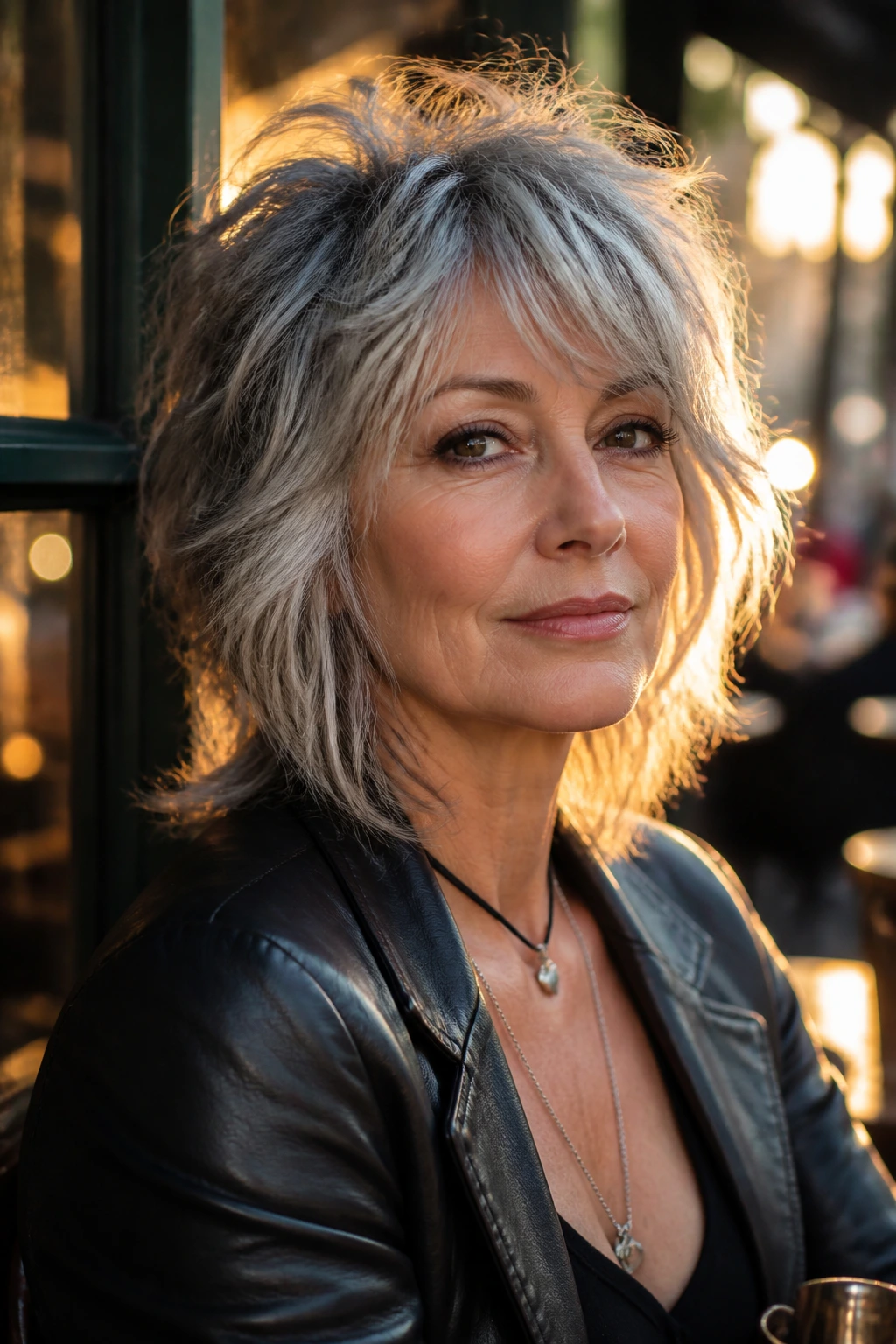 Older woman with bold rocker shag hair and confident look