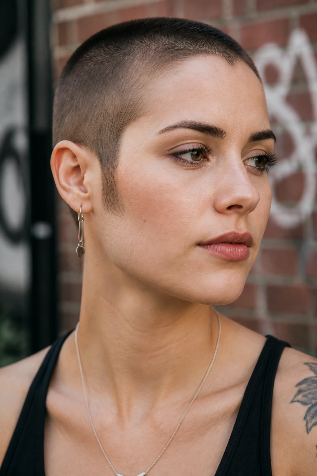 Real woman with bold sideburn buzz showing edge around ears