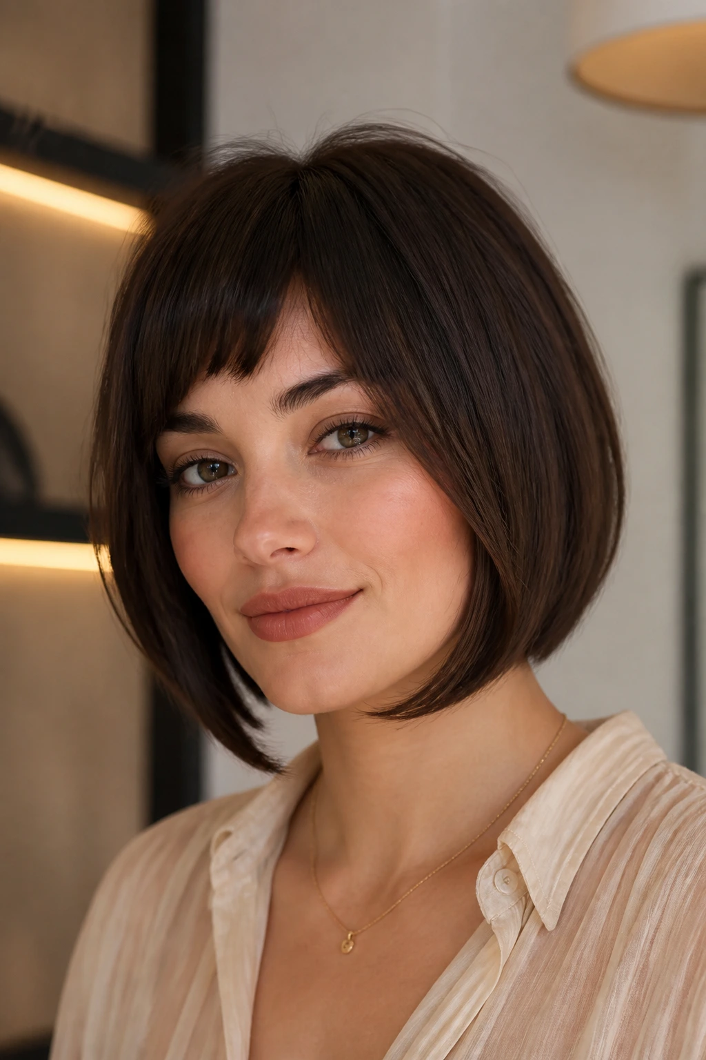 Close-up portrait of a woman with bold swoop and long corners