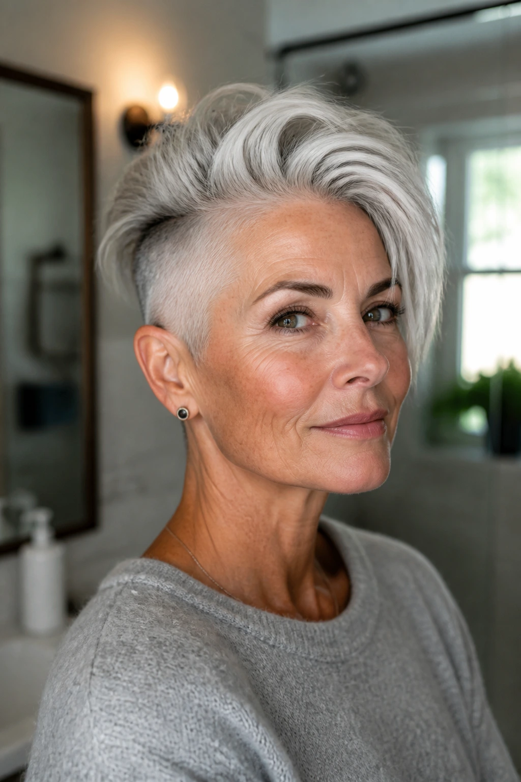 Close-up portrait of a woman with a bold undercut pixie on silver hair, warm window light