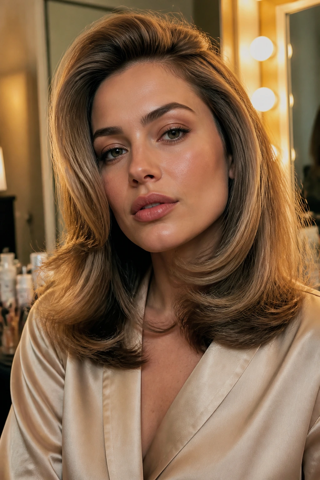Close-up of a woman with a classic bombshell blowout and curved-under ends.