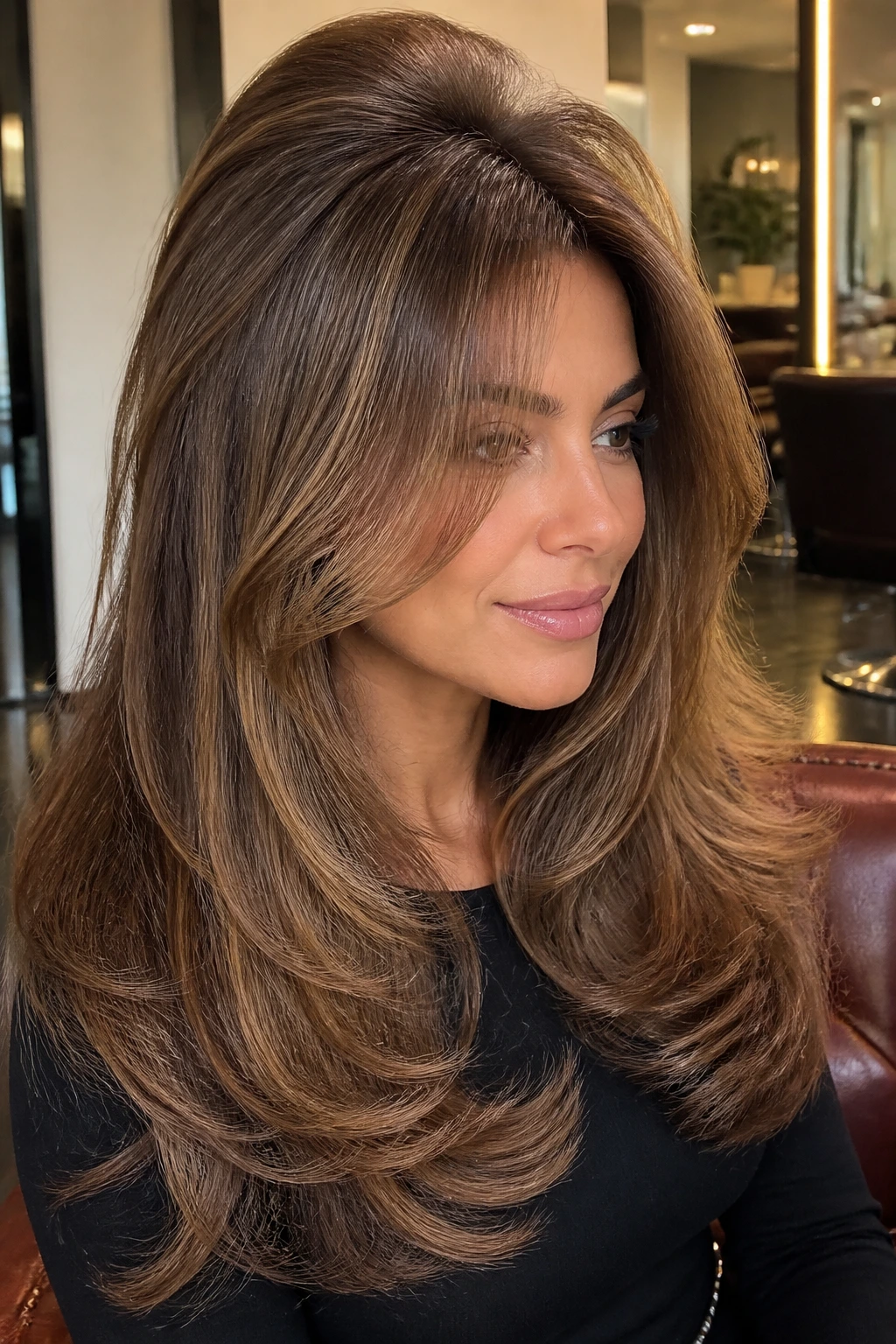 Portrait of a real woman with a bombshell blowout and crown-height lift framing the face with curtain bangs.
