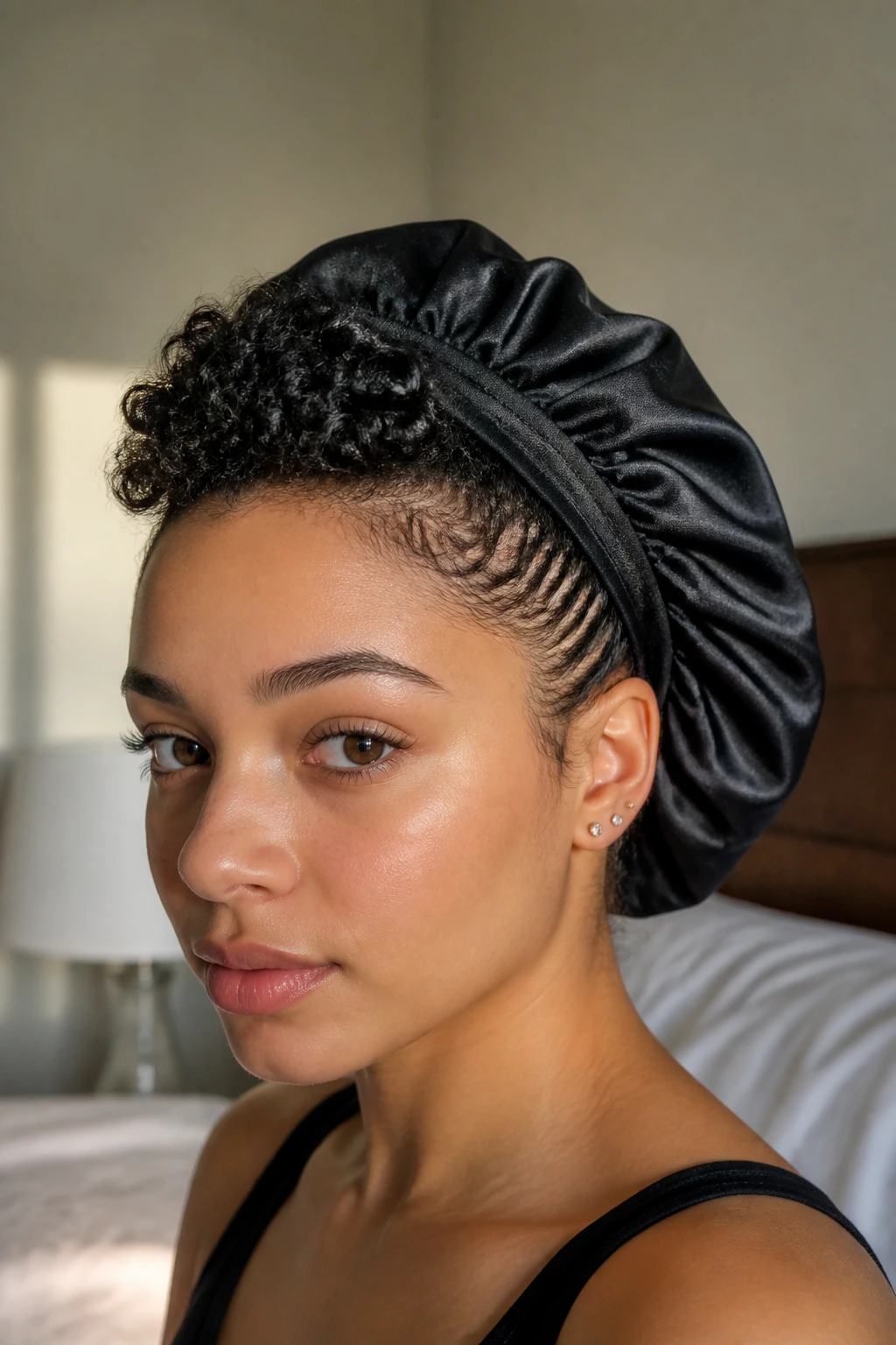 Person wearing satin bonnet showing curly faux hawk edges