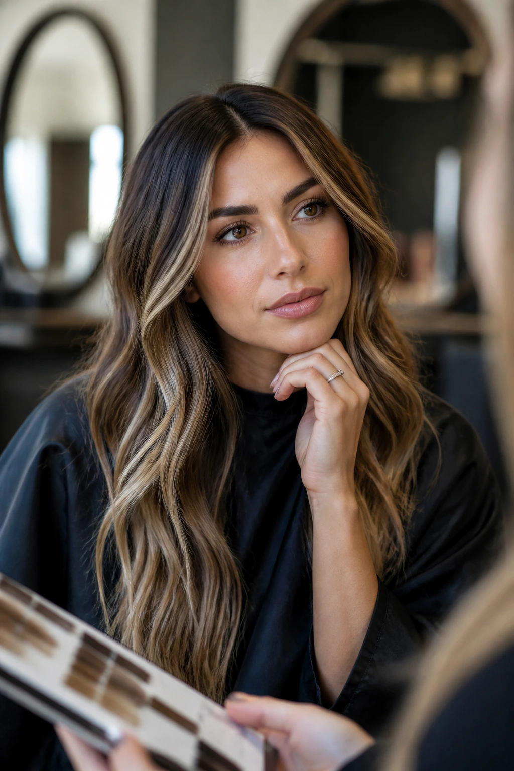 Salon client in a chair considering color questions before highlights