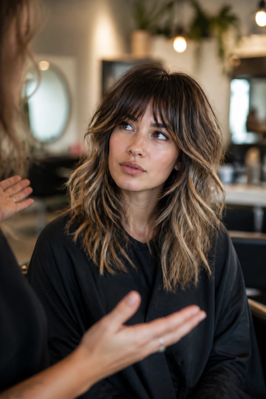 Salon chair portrait of a woman with wolf cut balayage and thoughtful look