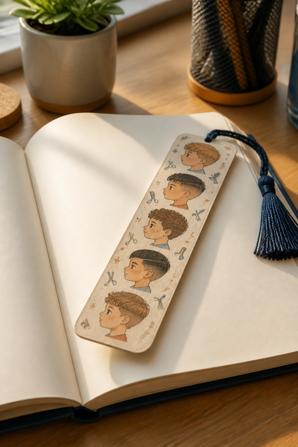 Close-up of a decorative bookmark on blank notebook pages at a desk