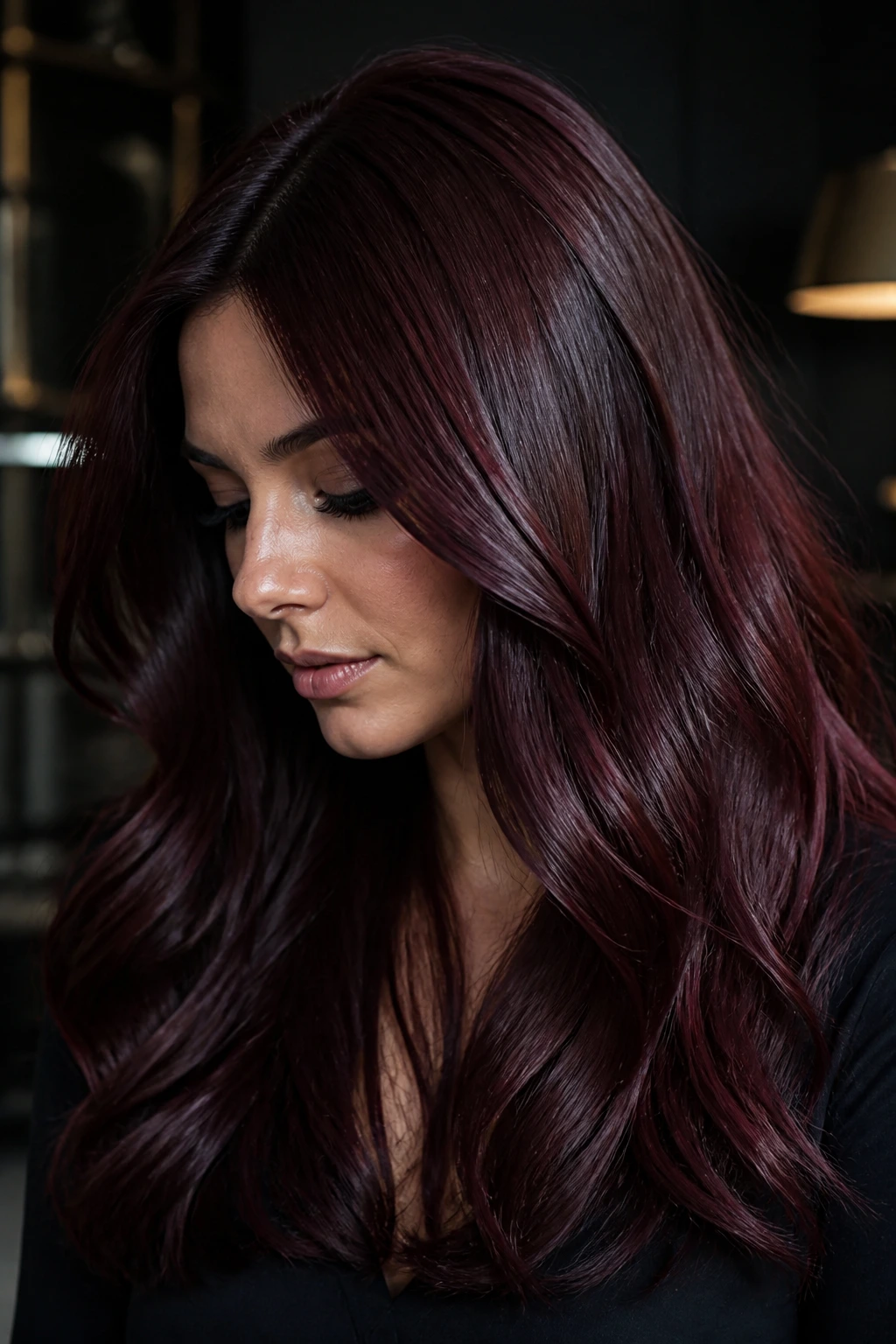 Close-up of Bordeaux brown hair with red-violet undertones on a real person