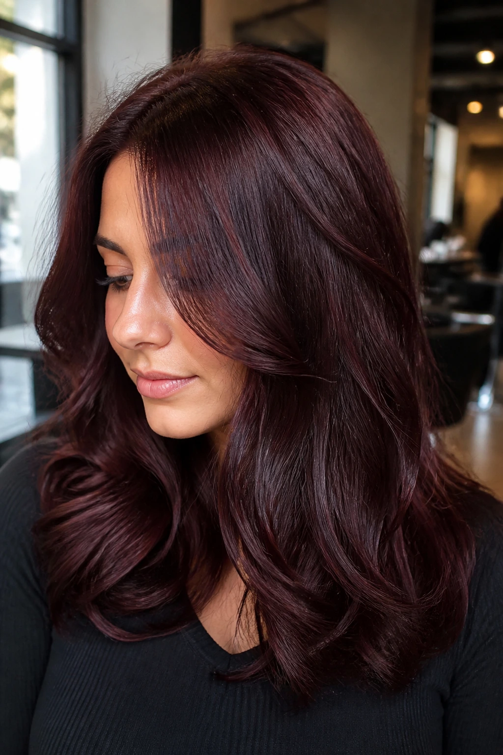 Close-up of a person with Bordeaux brown-red hair in warm salon lighting