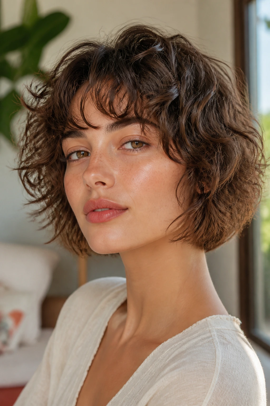Close-up portrait of a real woman with Botticelli bob shag and feathered layers