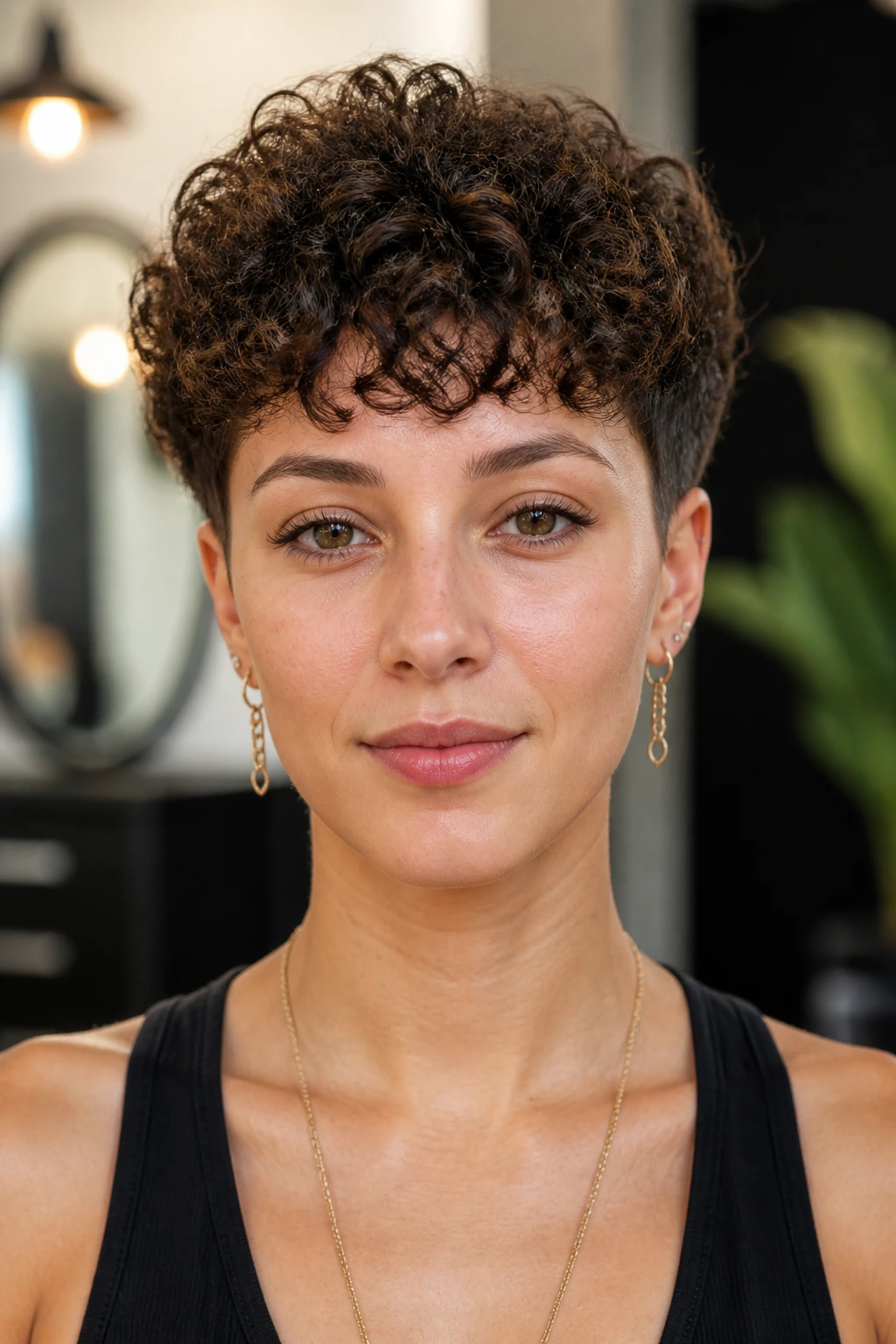 Portrait of a person with curly crop and bottlebrush fringe.