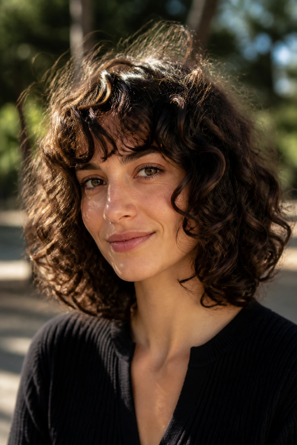Close-up of a real woman with bottleneck bangs on a long curly bob
