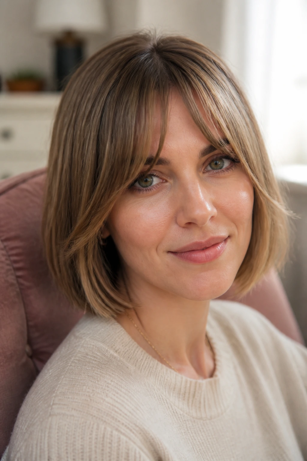 Portrait of a real person with bottleneck bangs in a cozy living room.