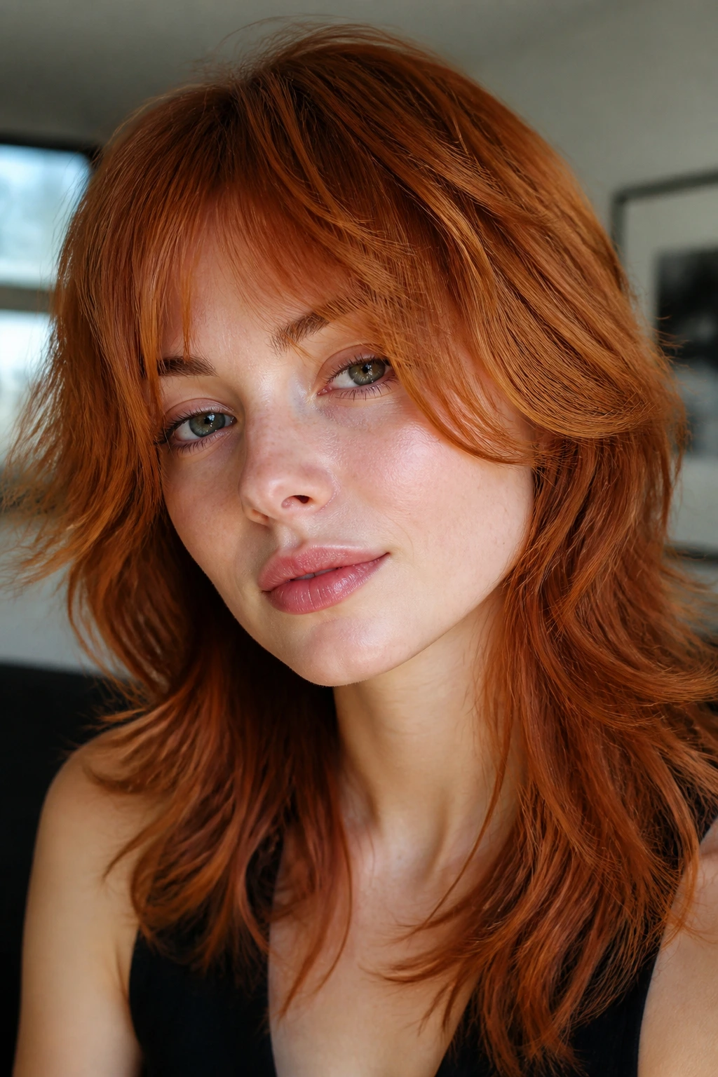Close-up of real person with bottleneck bang copper wolf cut in window light