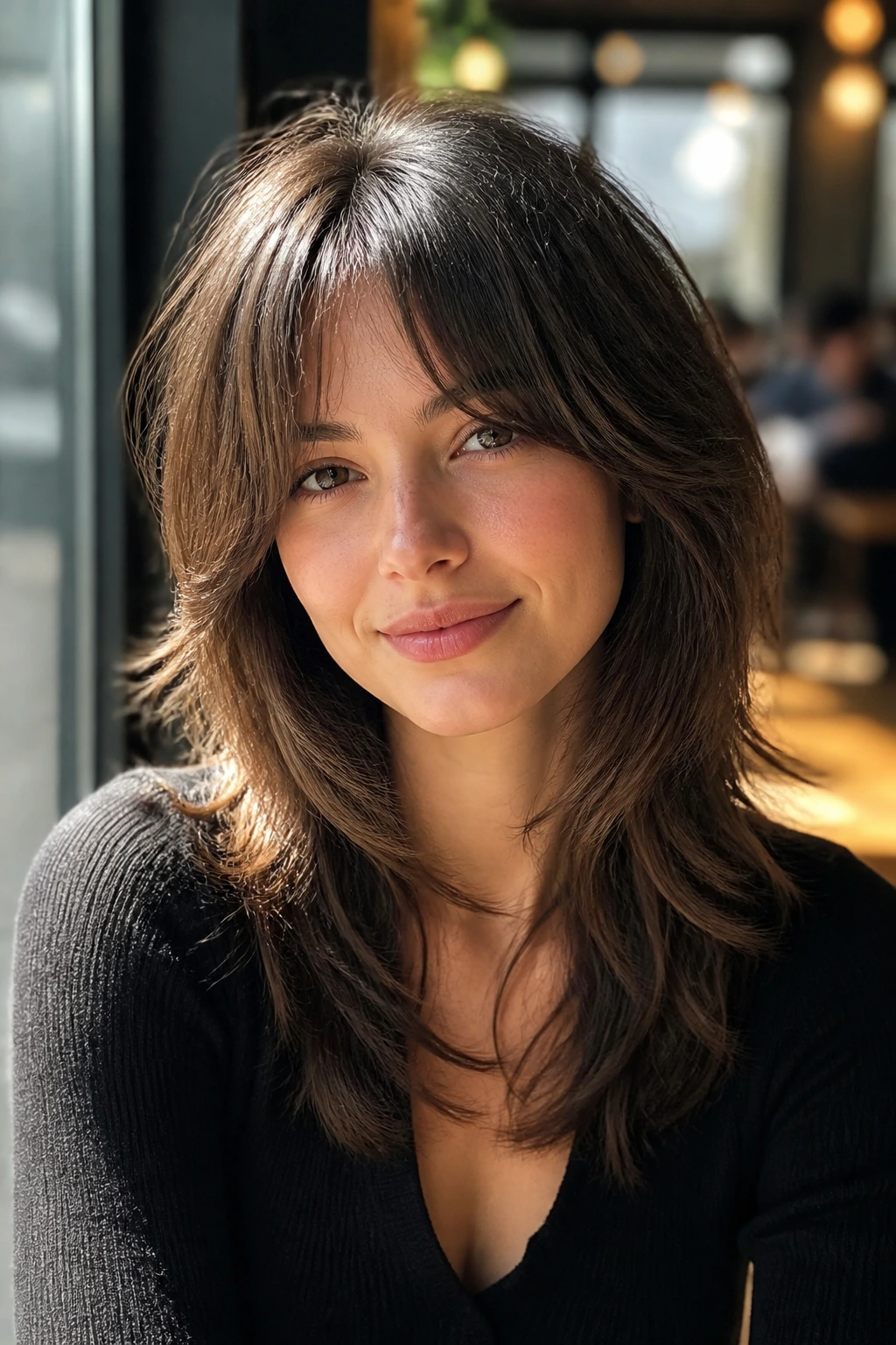 Close-up of a real woman with Bottleneck Bang Fairy Shag featuring a small center opening and wider side sweep