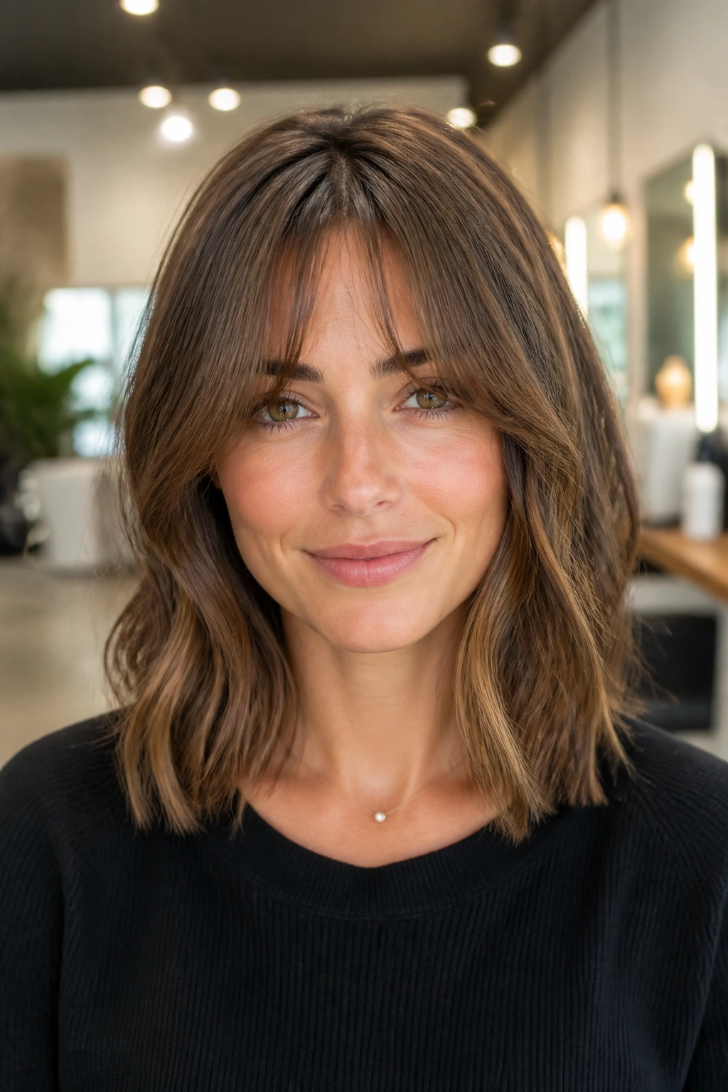 Close-up of a real woman with bottleneck bangs and lob