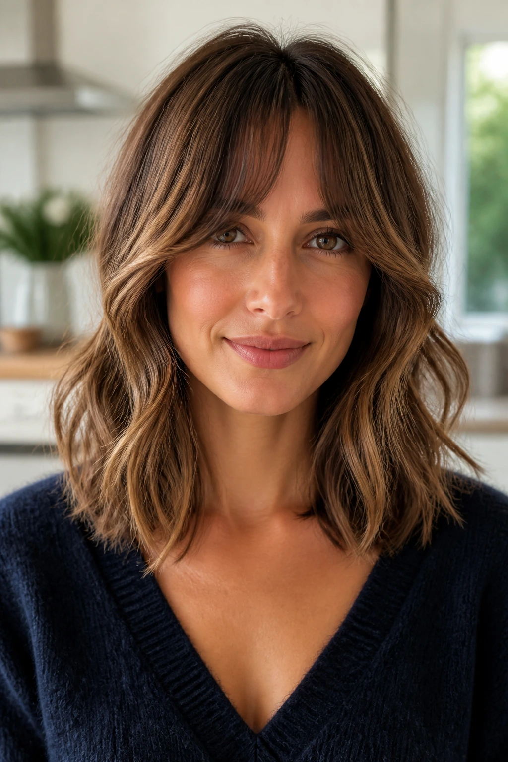 Close-up of a real woman's bottleneck bang lob with high center opening and side fringe