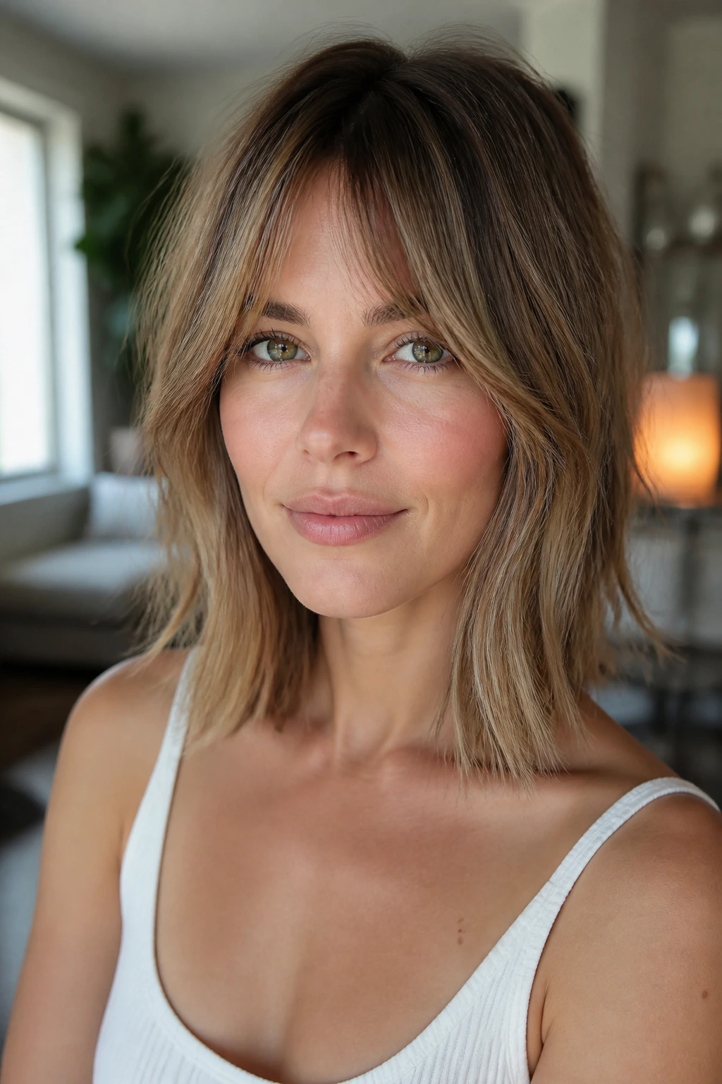 Close-up of a real woman with bottleneck bangs blending into a lob