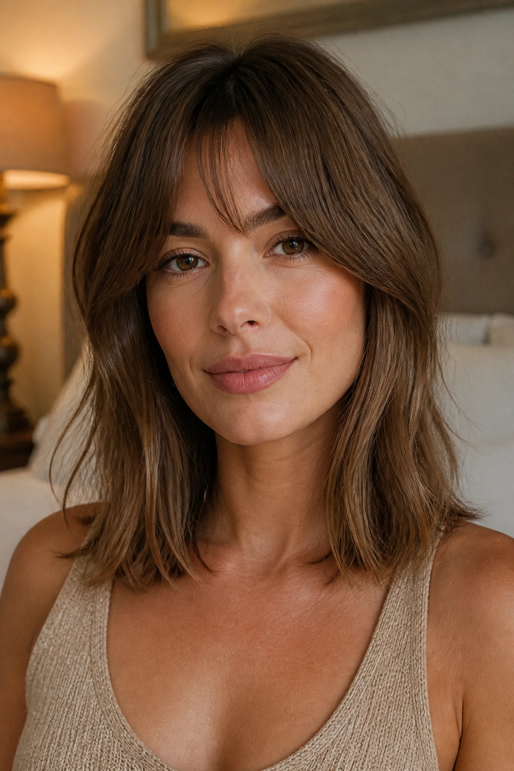 Close-up portrait of a real woman with bottleneck bangs opening toward temples