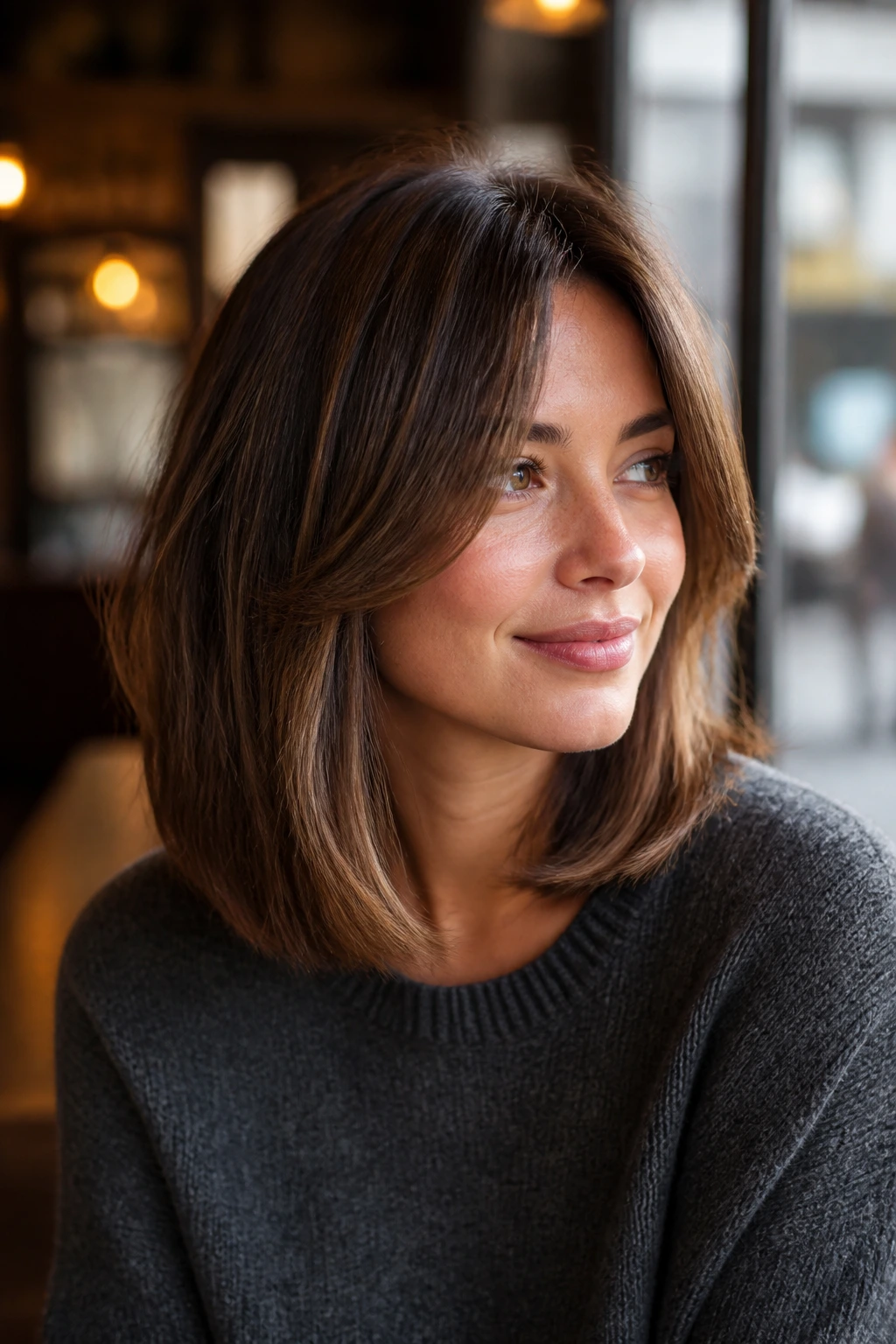 Close-up portrait of a real woman with bottleneck bangs and lob