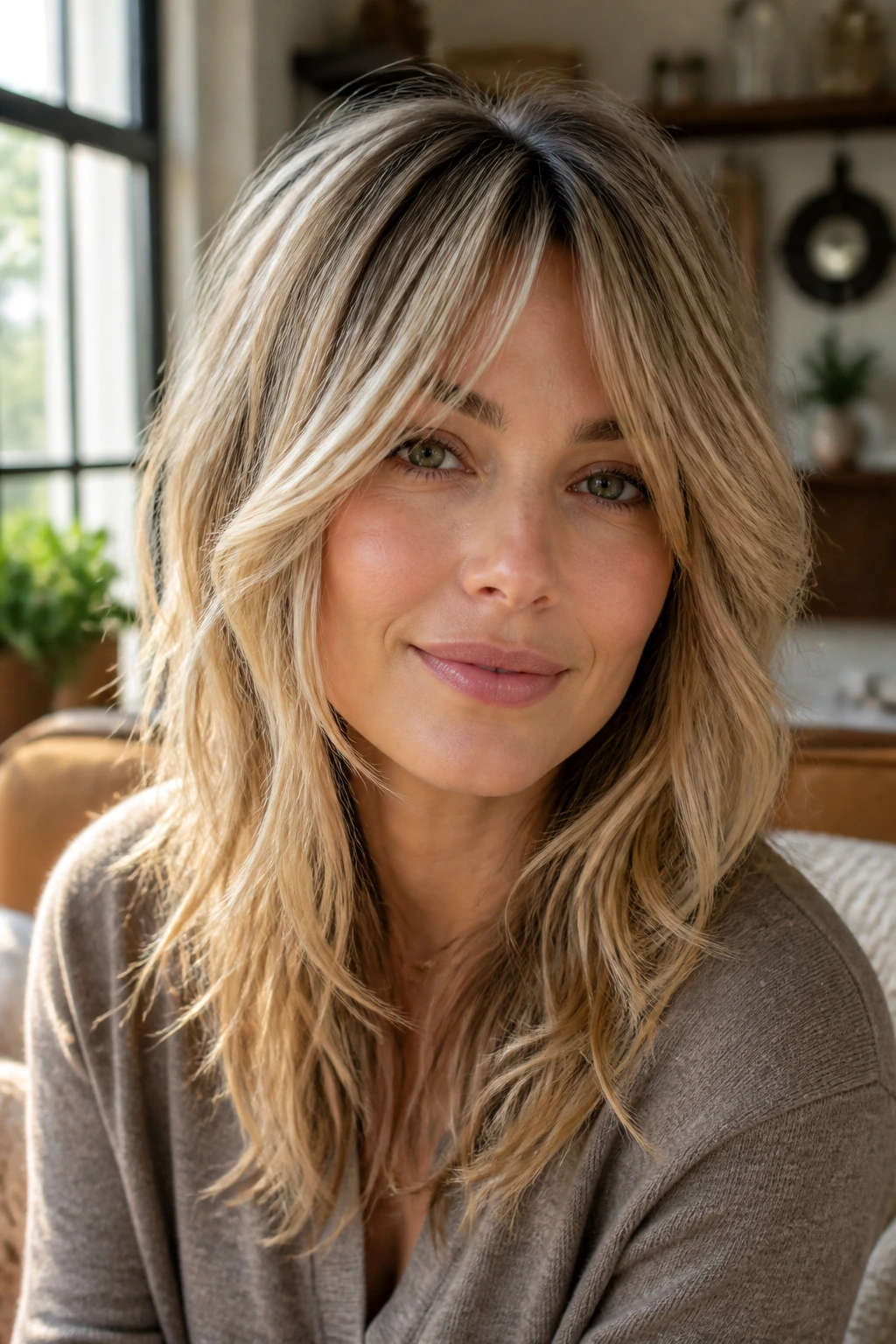Close-up of a real woman with Bottleneck Bang Shag and narrow bangs in warm window light