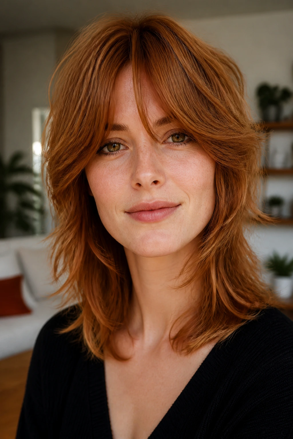 Close-up of real woman with bottleneck bang shag