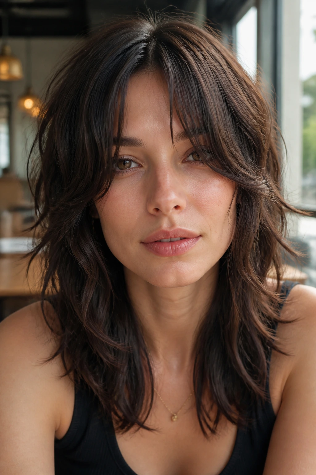 Real woman with bottleneck bang shag close-up portrait