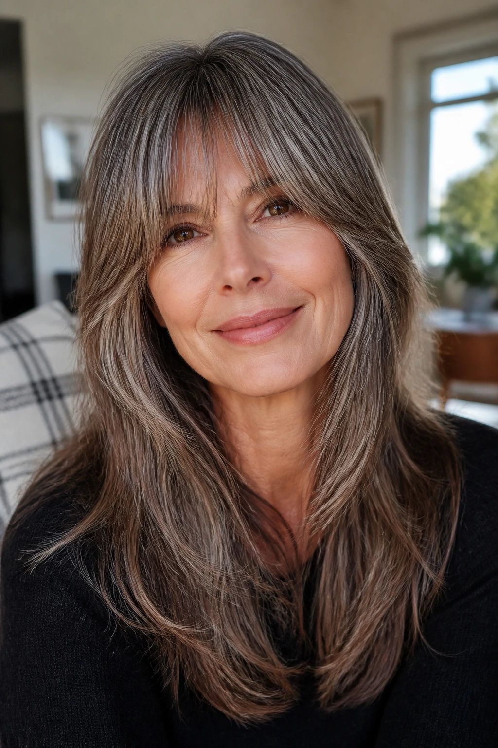 Portrait of a woman with bottleneck bangs blending into long layers in bright daylight.