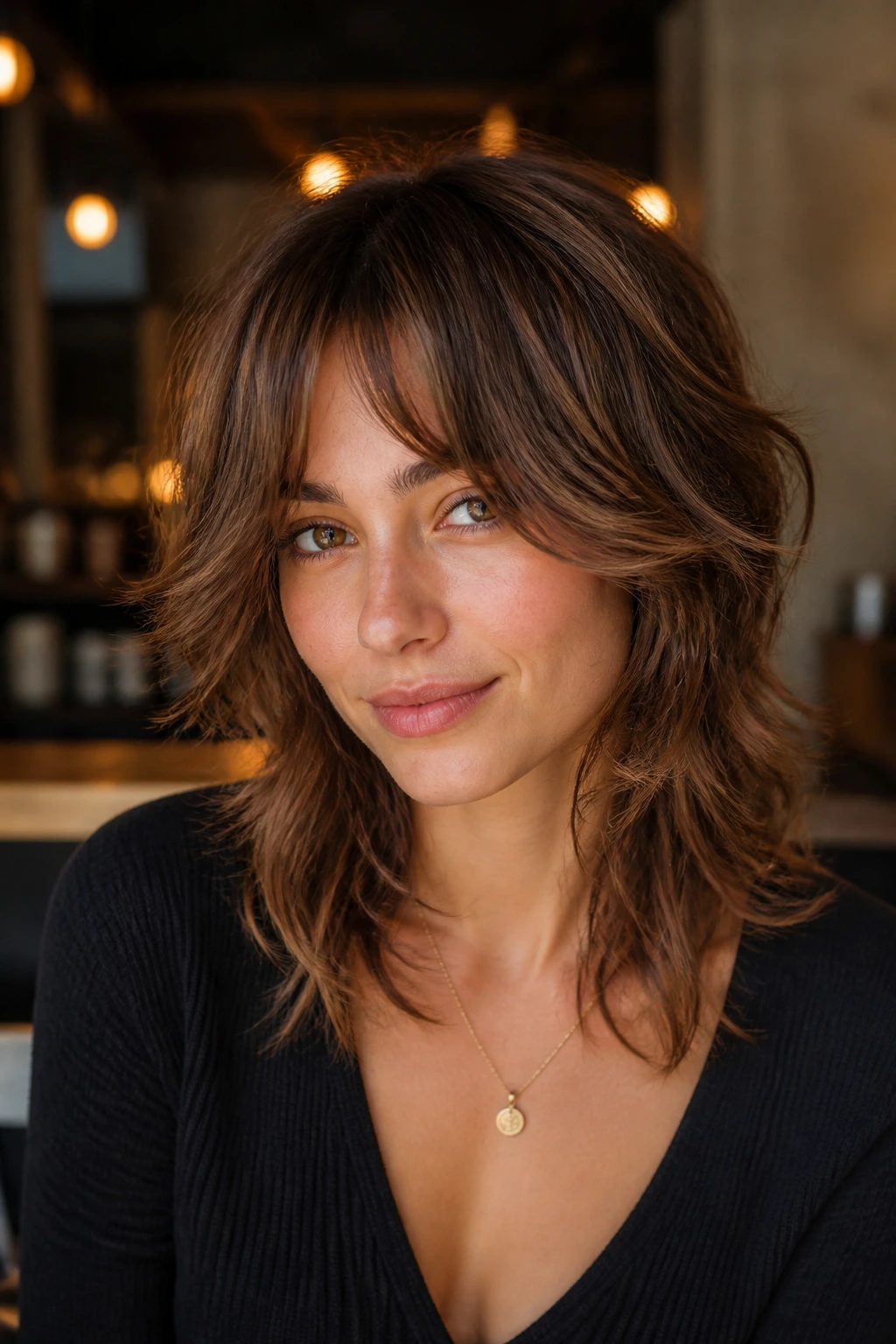 Close-up portrait of a real person with Bottleneck Bang Shag opening at the cheekbones, warm interior lighting.