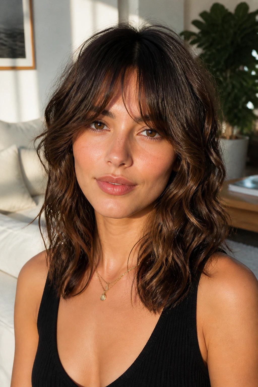 Real woman with Bottleneck Bang Shag showing narrow center fringe widening to cheeks.