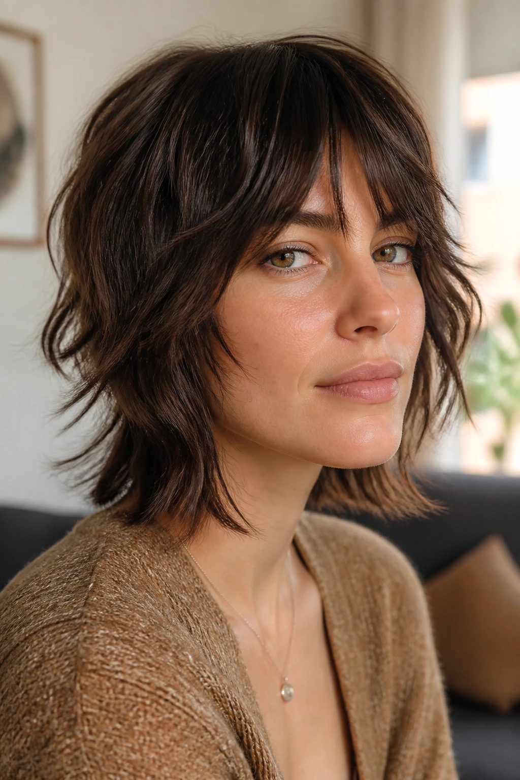Portrait of a woman with bottleneck bang shag in cozy living room light