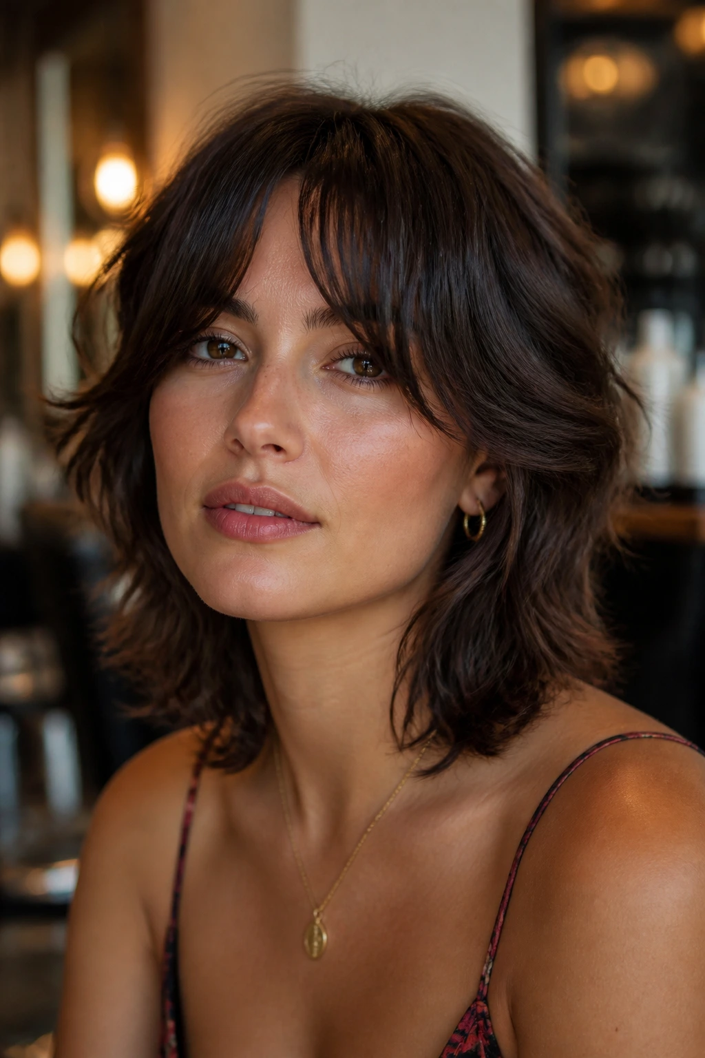 Close-up of woman with bottleneck bangs blended into shag framing the face