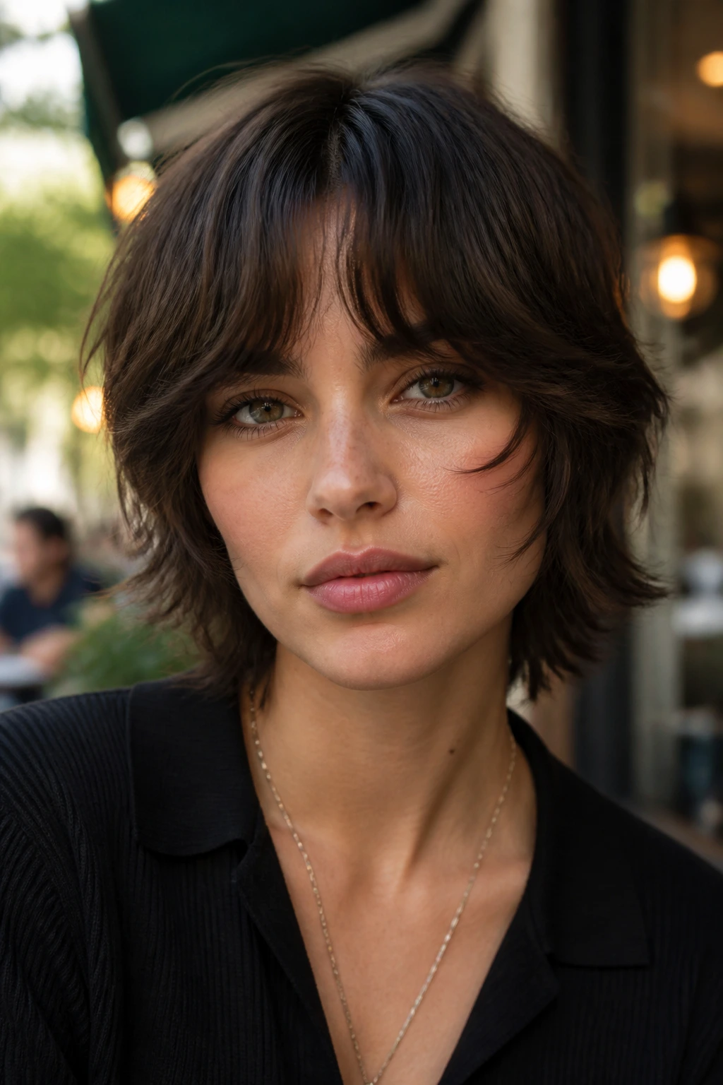 Close-up portrait of real person with bottleneck bangs shag showing narrow center bangs
