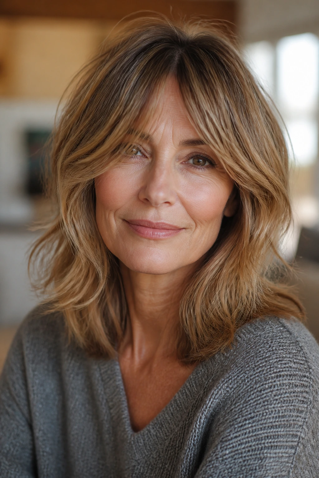 Portrait of a woman with bottleneck bang shag at shoulder length