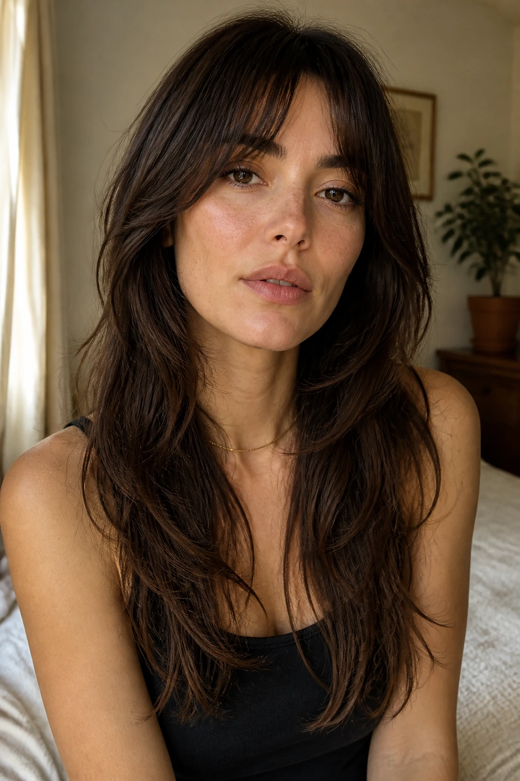 Close-up portrait of a real woman with Bottleneck Bang Shag featuring a soft-centered fringe on long hair, warm window-lit background.