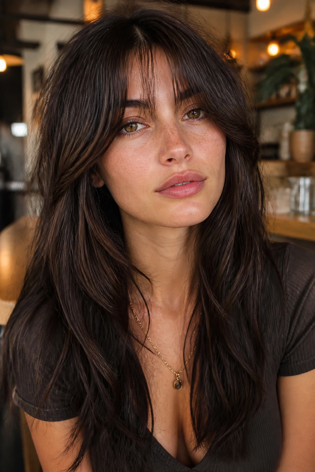 Close-up portrait of a real person with bottleneck bang wolf cut
