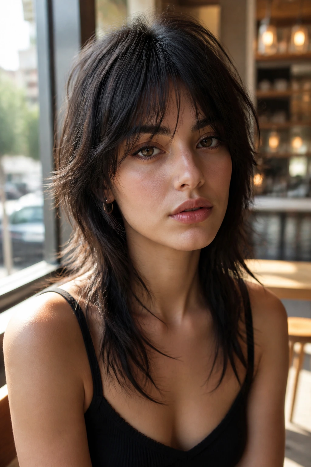 Close-up portrait of a real woman with bottleneck bangs in a sunlit cafe setting.