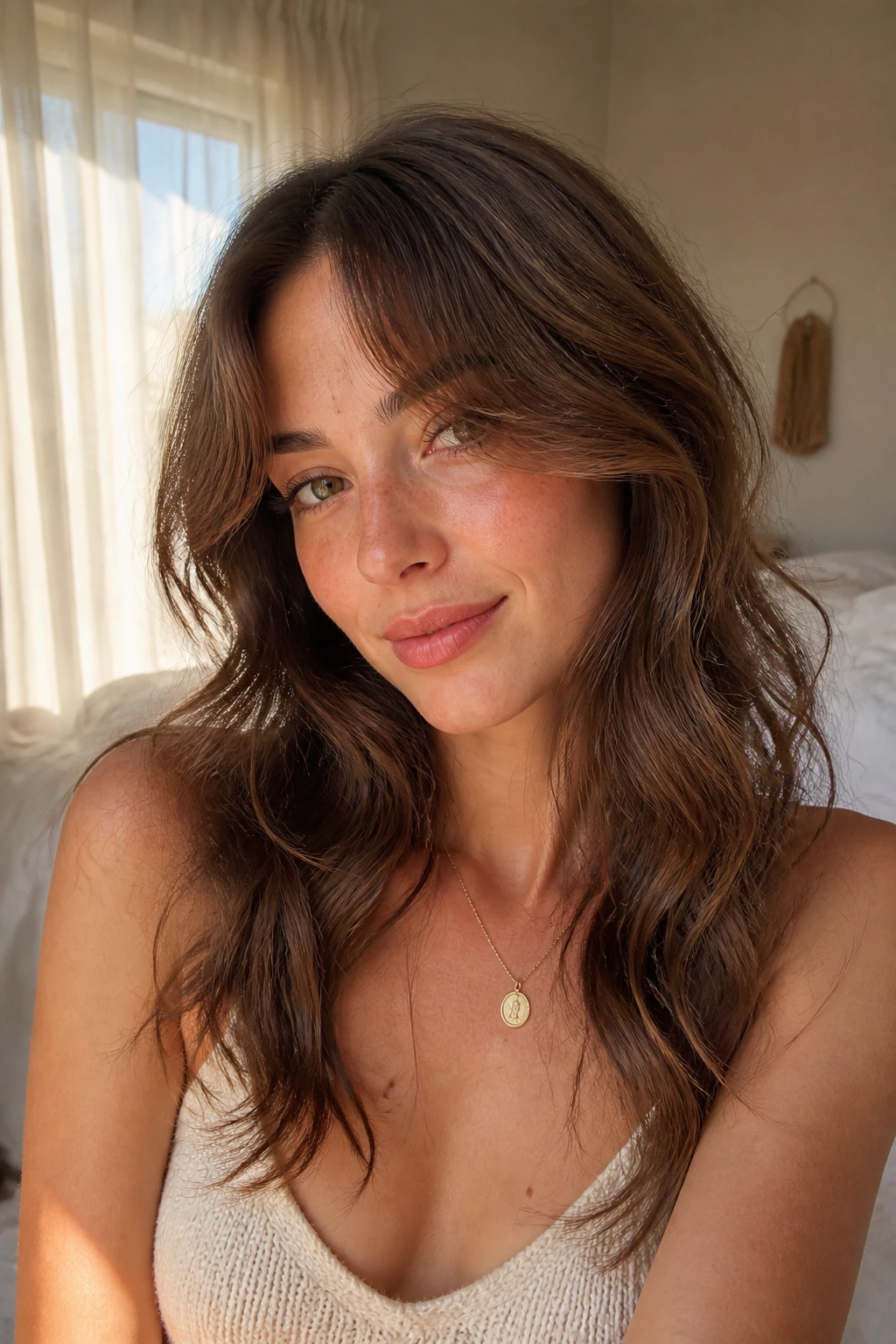 Close-up of a real woman with air-dried wavy bottleneck bangs in warm natural light