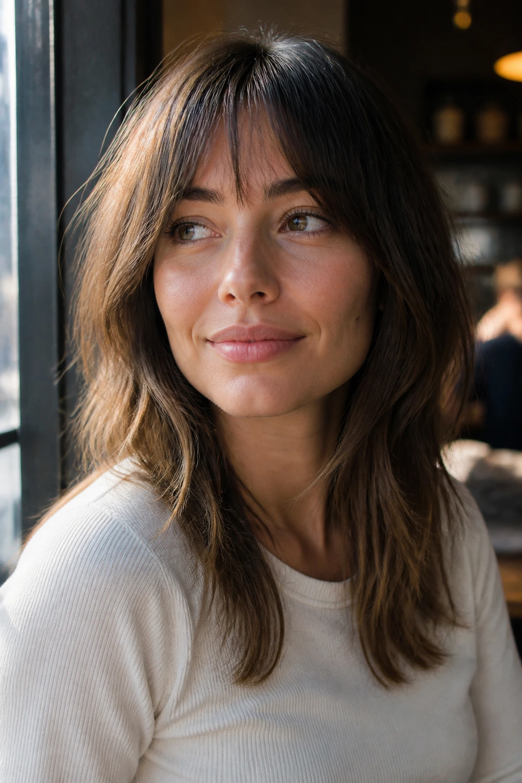 Portrait of a real woman with bottleneck bangs and airy layers in a cafe setting