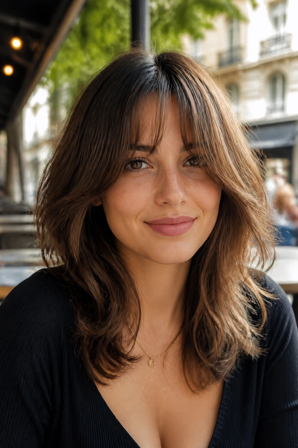 Portrait of woman with bottleneck bangs and airy layers in cafe daylight