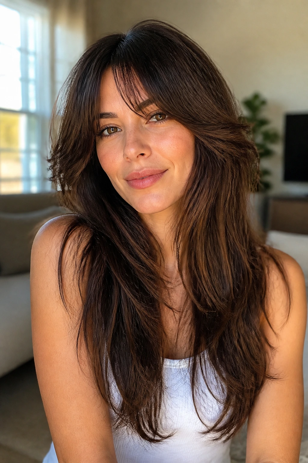Close-up portrait of a real person with bottleneck bangs and airy length