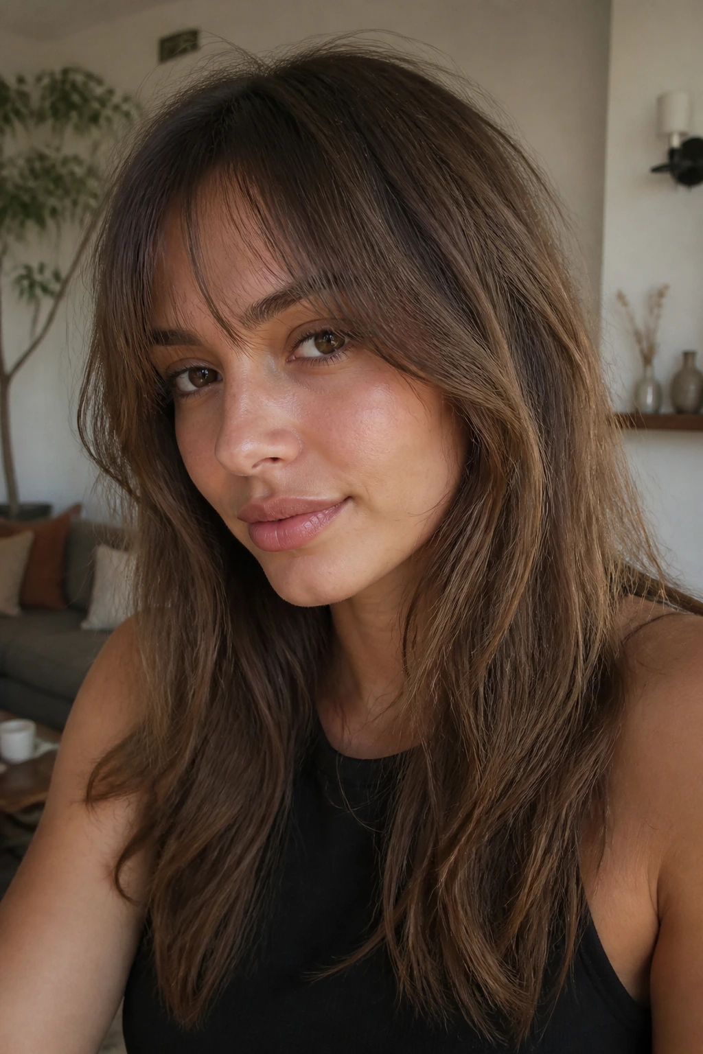 Close-up portrait of a real person with bottleneck bangs blending into long wispy length