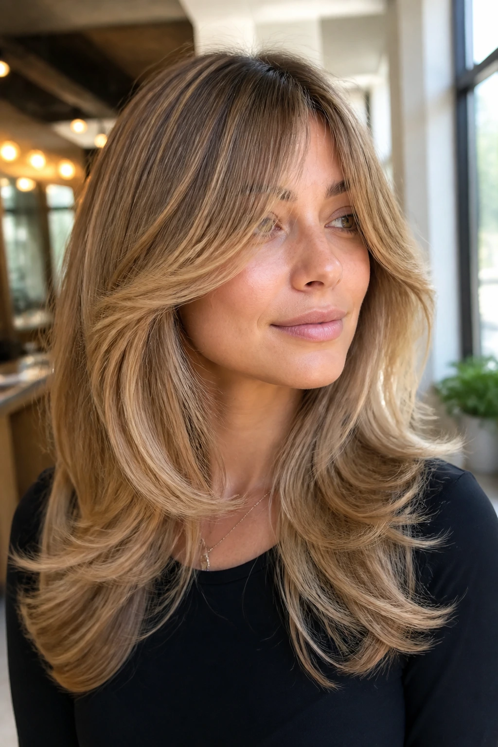 Close-up portrait of a real woman with bouncy blowout layers and bottleneck bangs
