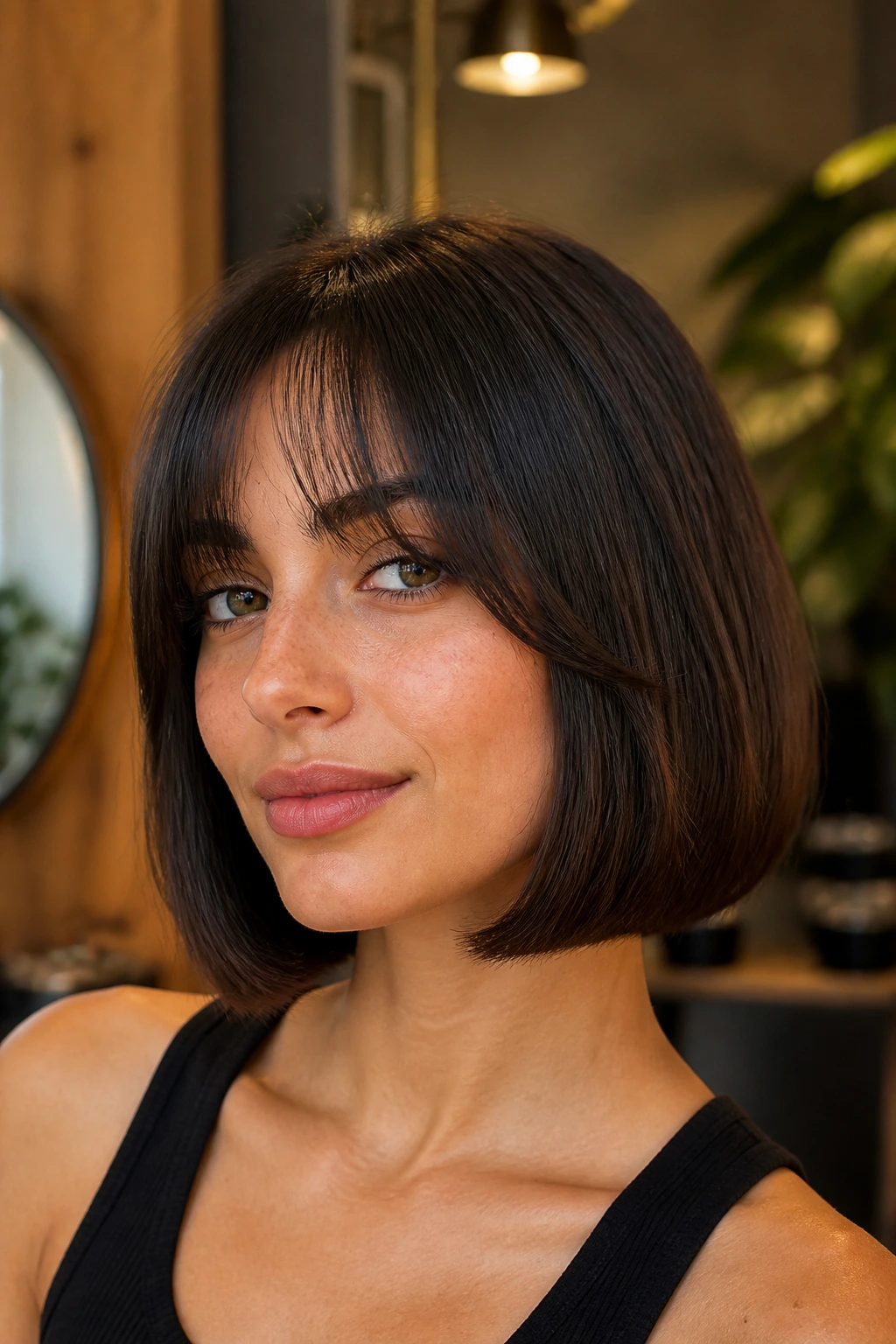 Close-up of a real person with bottleneck bangs paired with a blunt bob in a warm salon
