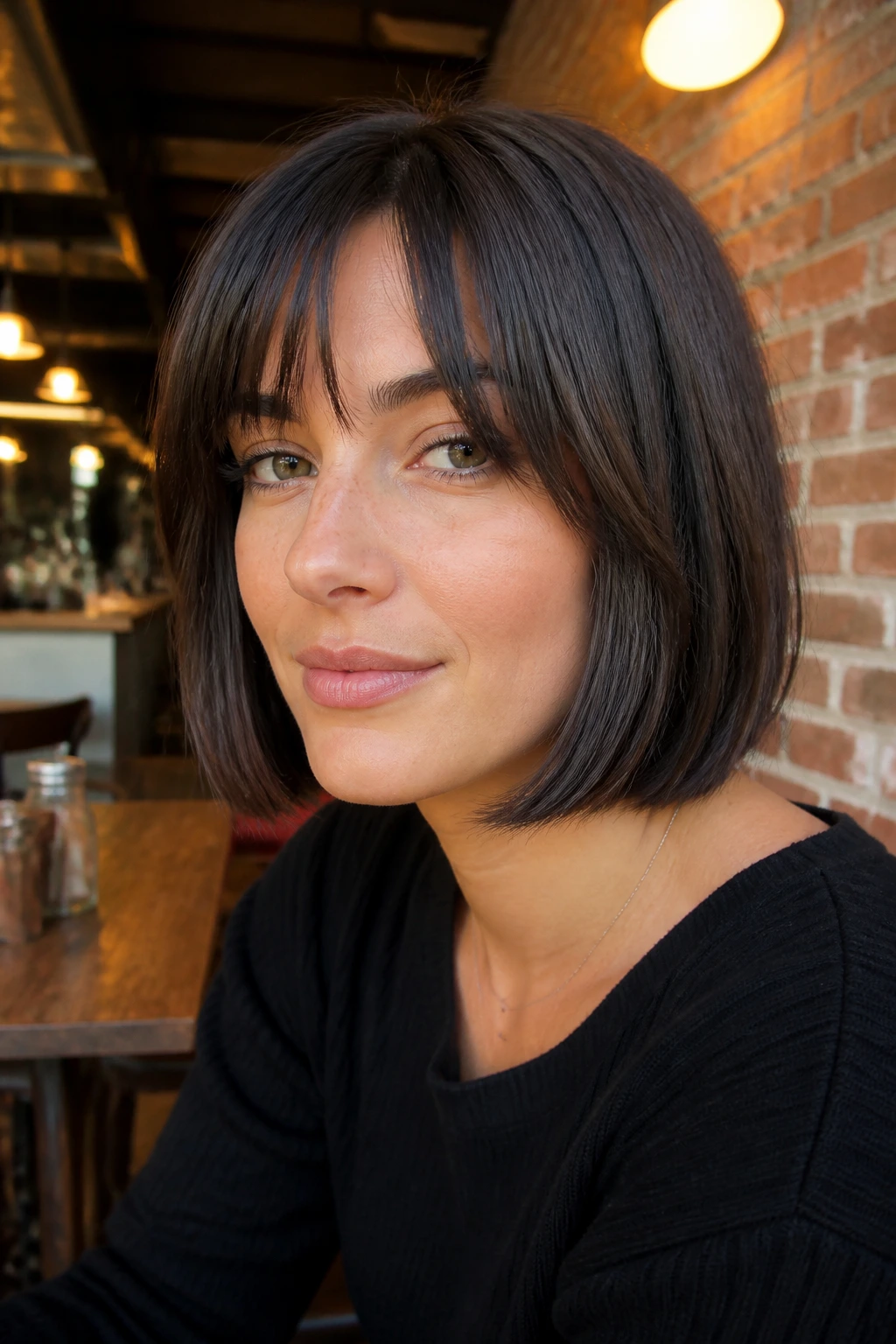 Portrait of a woman with bottleneck bangs and blunt bob in a cafe setting.