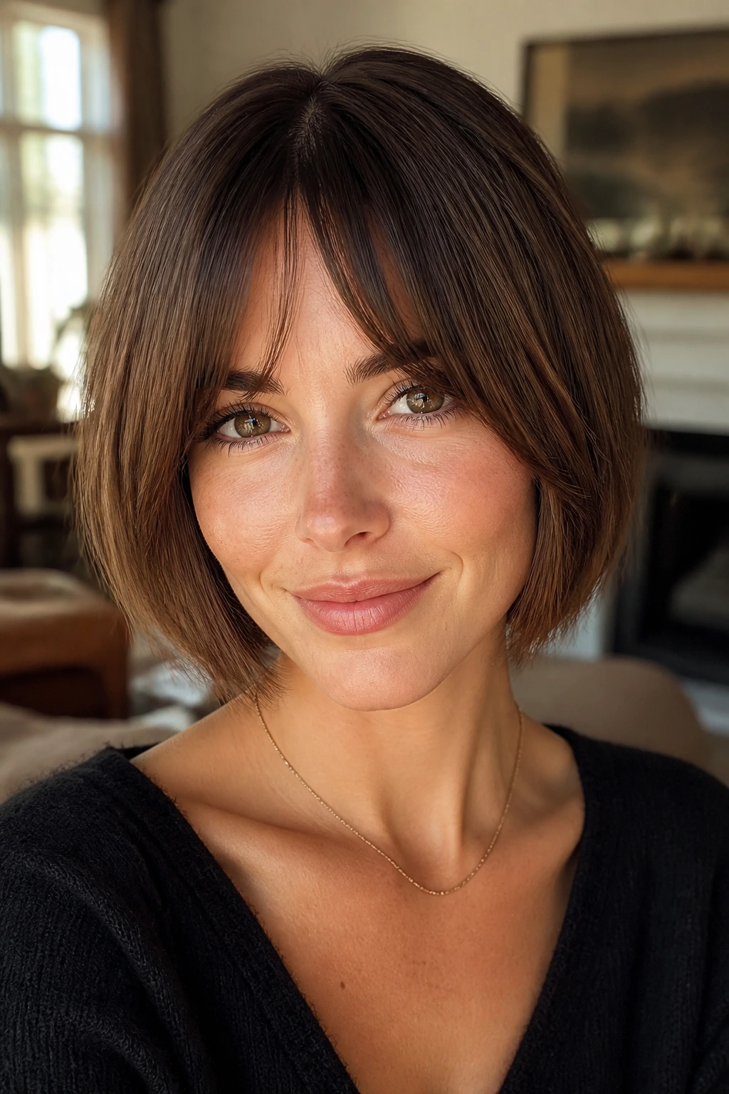 Close-up portrait of Bottleneck Bang Bob hairstyle on a real woman with bottleneck bangs.
