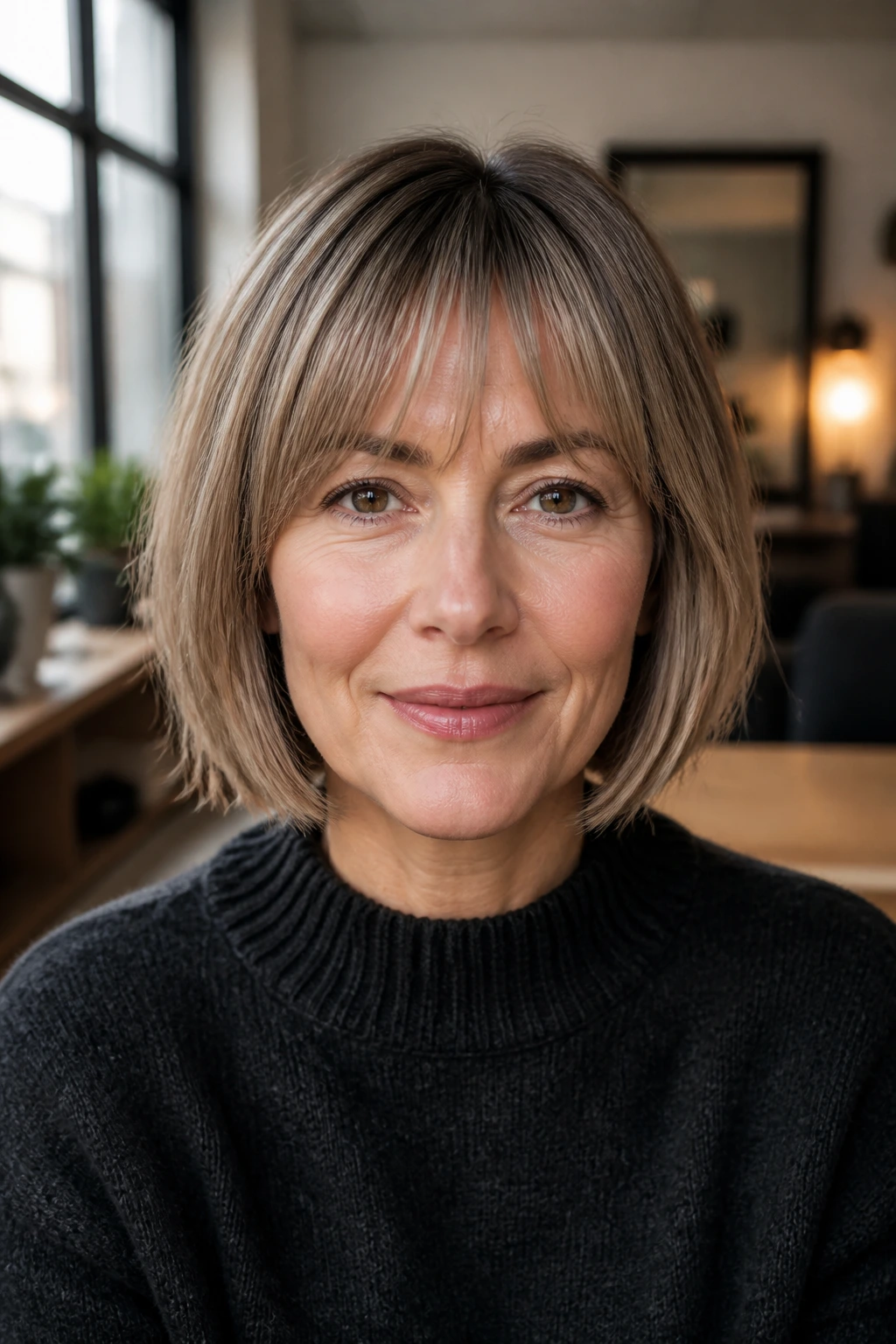 Portrait of a real woman with bottleneck bangs and narrow center fringe